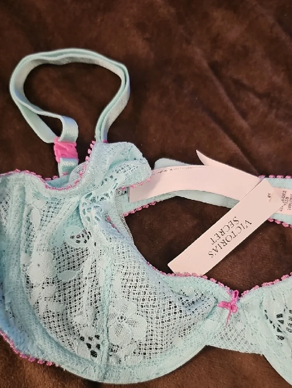 Victoria's Secret Light Blue Lace Underwire Bra with Pink Accents